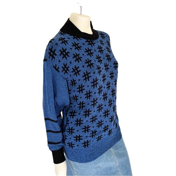 VTG 80s High Neck Drop Sleeve Hashtag Plus Sign Knit Sweater Blue Black SZ 6 - Picture 1 of 9